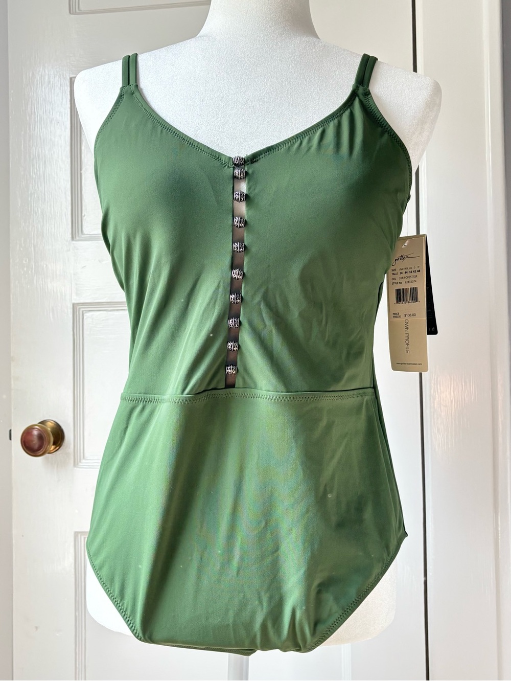 NWT Gottex Profile “Maharani” Green Ruched V-Neck One-Piece Swimsuit size 14
